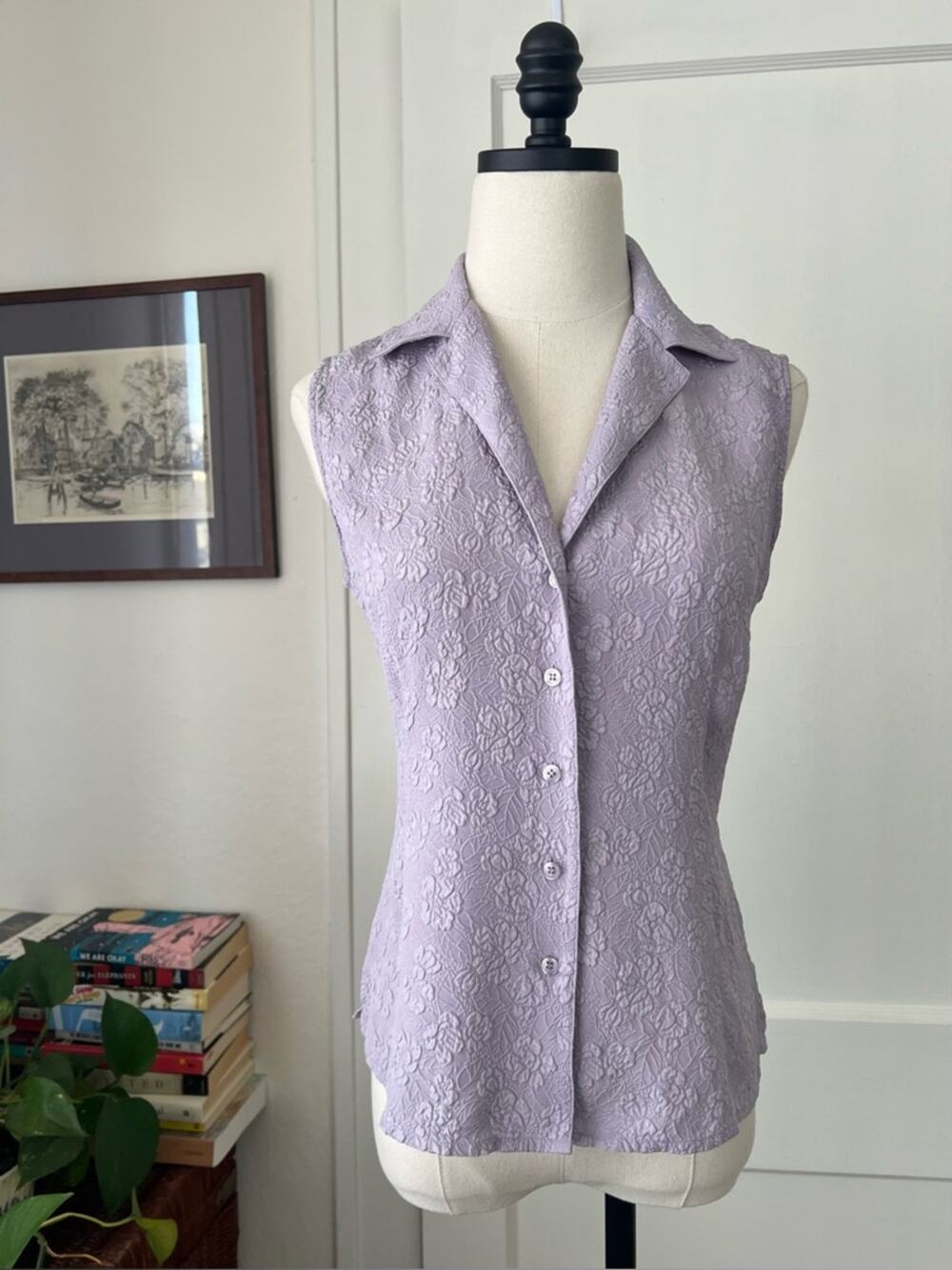 Vintage Casual Corner Purple Textured Sleeveless Silk Button-Up Top